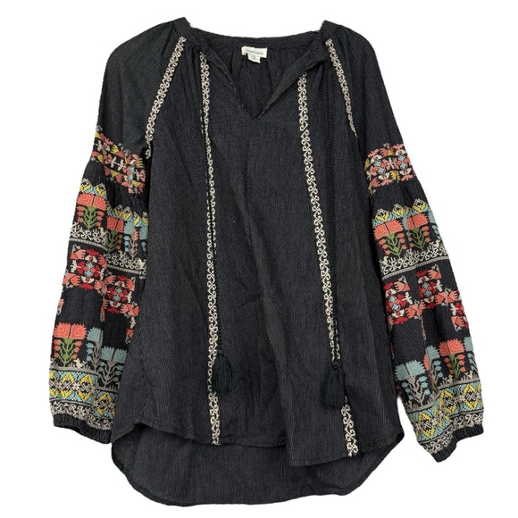 Sundance Floral Embroidered Needlepoint Aztec Puff Sleeve Boho Blouse - Picture 1 of 5
